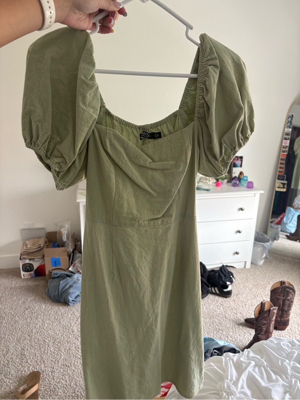 Nasty Gal Sage Green Puff Sleeve Mini Dress